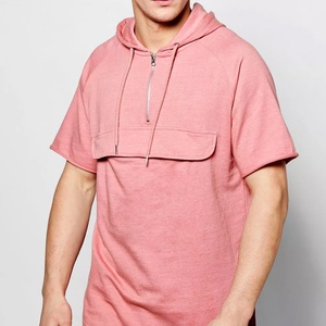 Sudadera y pantalones cortos personalizados al por mayor color rosa con bolsillo frontal oculto sudadera con cremallera media manga chándales de verano - Product Image 5