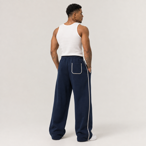 Most Selling <b>Men's</b> <b>Navy</b> Color Multipaneled Wide Leg Sweatpants Elastic Waist With Side Pockets Casual Cotton Fleece Fabric Pants - Product Image 1