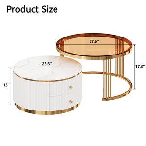 Tavolino da Caffè Moderno Rotondo a 2 Pezzi con Piano in Vetro Temperato Marrone e Cassetti, 27,6 Pollici - Product Image 5