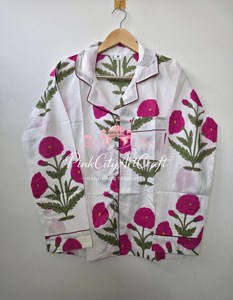 Women's Luxury Pure Cotton Hand Block Printed Summer Autumn Night Suit Set Button-<b>Down</b> Collared Long Sleeve Shirt Adjustable - Product Image 2