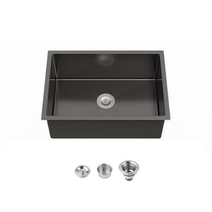 Lavello da Cucina Singolo 27x19 Pollici, Fatto a Mano, Nero, da Incasso, con Scarico Standard USA, Forma Quadrata e Un Foro - Product Image 1