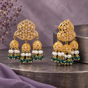 Gold Plated Triple Jhumka Earrings with Green Beads and Faux Pearls Pakistani Wedding Jewelry Factory Bulk Supply - Product Image 6
