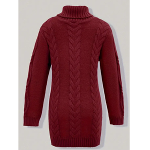 Robe pull jacquard torsadé vintage de haute qualité pour femme, col roulé, unie, avec appliques, manches longues, silhouette droite - Product Image 3