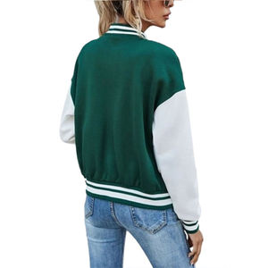 <b>Women's</b> Green Varsity <b>Jacket</b> With <b>White</b> Sleeves Full Length Button Up Collar Solid Color Contrast Design Autumn Wear - Product Image 2