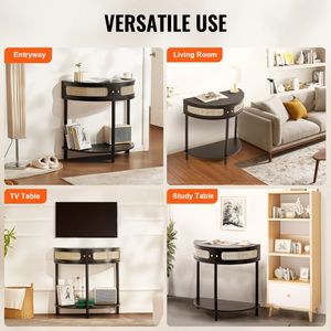 Consolle in Rattan Naturale con 2 Cassetti, a Mezzaluna, per Ingresso, con Ante Scorrevoli in Legno, Tavolo Consolle Contenitore - Product Image 6