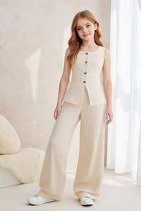 Girls Pinstripe <b>Waistcoat</b> & Wide Leg <b>Trouser</b> 2 Piece Set Tailored Coord Coordinated Set - Product Image 2