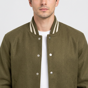 Chaqueta Bomber Varsity de Lana Verde Oliva para Hombre, Cuello Alto, Puños Acanalados, Cierre de Botón, Estilo Deportivo, para Otoño - Product Image 5