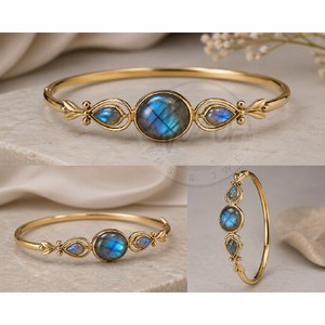 Natural Labradorite Gemstone Brass <b>Gold</b> Plated Bangle <b>Adjustable</b> Handmade Designer <b>Bracelet</b> for Women Wholesale - Product Image 3