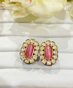 RAY FINE ORNATES Brass 22K Gold Plated Handmade Bezel Set Ruby <b>Emerald</b> <b>Stud</b> <b>Earrings</b> Traditional Indian Rajasthan Unisex - Product Image 3