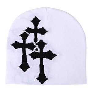 Gorros de punto jacquard personalizados con puño, cálidos y transpirables, de tela acrílica/algodón, con diseño de calavera, MOQ bajo, OEM, con lazos de puntos - Product Image 4