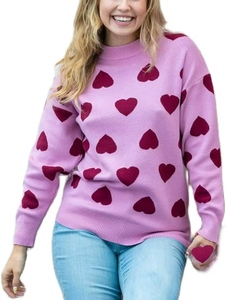 Sweat-shirt pour femme à motif cœur mignon en relief, col rond décontracté, pull tricoté pour la Saint-Valentin - Product Image 3