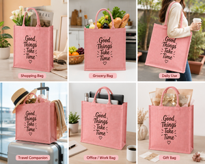 For Jute Shopping <b>Bag</b> with 'Good Things Take Time' Print Zipper Closure Hand Length Handle <b>Medium</b> <b>Size</b> AMANI - Product Image 3