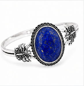 Blue Lapis Lazuli Silver Bangle, 925 Sterling Silver Oval Gemstone <b>Bracelet</b>, Lapis Statement Jewelry, Gift for Women - Product Image 1