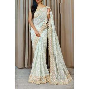 ชุดผ้าส่าหรีงานผ้าไหมพิมพ์ลายพื้นท้องฟ้า - Product Image 1