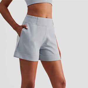 Shorts de Punto de Cintura Alta para Mujer, Color Sólido, Transpirables, Cintura Elástica, Estilo Deportivo con Bolsillos - Product Image 3