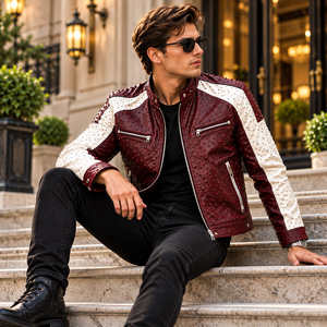 Chaqueta de cuero con tachuelas para hombre, estilo motero, con mangas con paneles blancos y bolsillos con cremallera, prenda exterior de moda. - Product Image 5