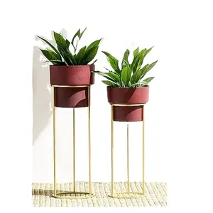 Wine & gold dual tone set of 2 table planter with fancy iron gold plated stand large garden planter pots standing planter supply