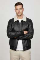 Blouson aviateur en cuir véritable noir pour homme, col en fausse fourrure, respirant, fermeture éclair, logo sur le devant, style moto, coupe classique, automne