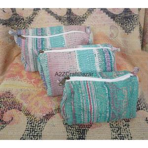 Block Print Kantha Floral Tassel Zipper Closure Eco-Friendly Durable Vintage Fashion Boho Lightweight Soft Handle Cosmetic <b>Bag</b> - Product Image 4