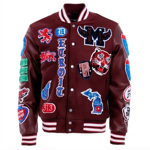 Chaqueta Varsity Roja Oscura Personalizada, Estilo Letterman, Béisbol, Bomber, Ropa Urbana para Mujer, Vintage, Parches Bordados, Malla Frontal, Sin Mangas, 3D - Product Image 1