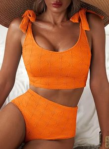 Women's Orange Textured Bikini Set Scoop Neck High Waist Two Piece Swimwear With Ruffle Straps Stretch Spandex Polyester - Product Image 3