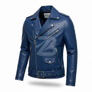 Chaqueta de Motero Zarina Wear para Hombre, de Cuero Genuino y Lona, para Invierno, Color Azul Rey, Cierre Asimétrico, Cinturón en la Solapa, OEM - Product Image 2