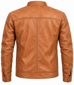 Chaqueta de Motociclista de Cuero Genuino Marrón para Hombre, Cuello Alto, Cierre de Cremallera, Corte Ajustado, para Otoño - Product Image 2