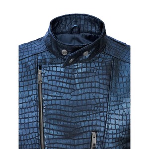 Blouson moto homme en cuir bleu gaufré croco, col rabattu, fermeture éclair avant, coupe ajustée, style motard automne - Product Image 5