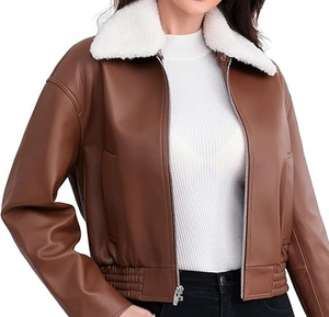 Women's Brown Genuine <b>Leather</b> Moto <b>Jacket</b> Full Sleeve Stand Collar Zipper Closure Autumn Style - Product Image 1