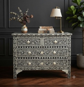 Natural Crafts Black Floral Bone Resin Wood Inlay Rectangle Chest of Drawers Handmade <b>Console</b> <b>Table</b> <b>Marble</b> Pattern Living Room - Product Image 1