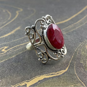 925 Silver <b>Chunky</b> 6.1 Grams Ruby <b>Ring</b> Luxury Style Bold Elegant Open Work Design Jewelry For Women Wedding Anniversary Wear - Product Image 3