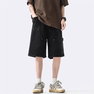 Pantalones Cortos Cargo Negros para Hombre, Color Sólido, Cintura Elástica, Corte Medio, Transpirables, Casuales, Tipo Bermuda con Bolsillos - Product Image 2