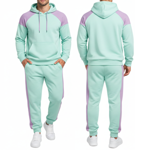 Ensemble de survêtement pour homme OEM menthe et lavande – Sweat à capuche raglan avec empiècements contrastants et pantalon coupe ajustée - Product Image 3