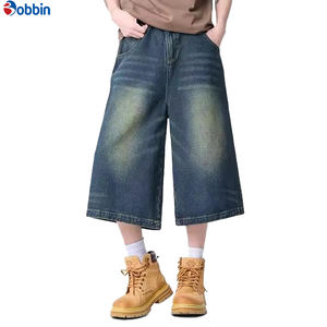 กางเกงยีนส์ขาสั้นทรงหลวมสไตล์เรโทรสีดำสำหรับผู้ชาย เป็นมิตรกับสิ่งแวดล้อม แห้งเร็ว ระบายอากาศได้ดี ผ้าฝ้ายทรงขาบาน - Product Image 6