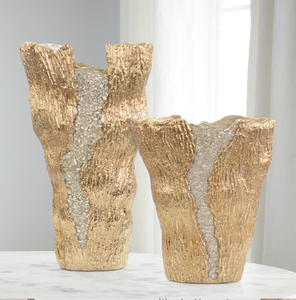 Luxury organic <b>gold</b> textured bark <b>vases</b> accented with a central crystal cluster vein, available at wholesale prices. - Product Image 1