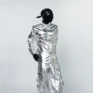 Camisa de Manga Larga con Cuello Camisero para Hombre, Estilo Punk Techwear Plateado Líquido, para Actuaciones en Clubes Nocturnos - Product Image 3