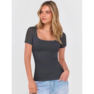 <b>High</b> demand Women's <b>Black</b> Lace Trim Knitted <b>Top</b> Scoop-Neck Casual Breathable Stretch <b>Top</b> 100%Cotton/Polyester - Product Image 5
