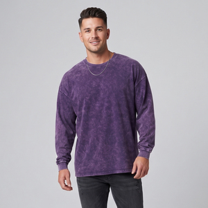 Camiseta de manga larga holgada para hombre, estilo vintage, lavado a la piedra, de algodón grueso, cuello redondo, informal, estilo urbano - Product Image 1