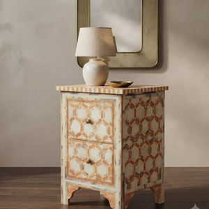 Handmade Wooden Nightstand <b>Side</b> Table with Geometric <b>Drawer</b> Front Floral Style for <b>Bedroom</b> Living Room - Product Image 2