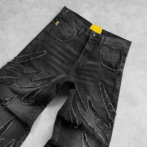 Venta al por mayor de fábrica: Jeans de hombre de diseñador a la moda, corte ajustado, negros, rasgados, de mezclilla lavada, pantalones largos de cintura media, estilo casual recto. - Product Image 3