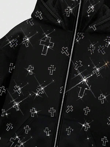 เสื้อฮู้ดดี้ผู้ชายไซส์ใหญ่พิเศษ สีดำ พิมพ์ลายกากเพชรรูปกากบาท ผ้าฝ้ายฟลีซ 100% ซิปแบบสวมใส่สบาย เหมาะสำหรับฤดูหนาว แขนเสื้อแบบปกติ - Product Image 5