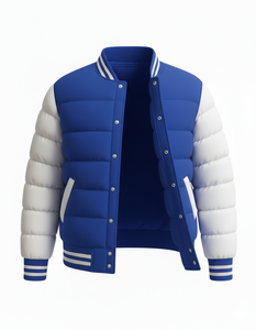 Chaqueta Acolchada Varsity Azul Rey y Blanca para Hombre, Chaqueta Bomber de Invierno con Botones a Presión, Ropa Urbana, Logotipo Personalizado, Fabricante OEM ODM - Product Image 2