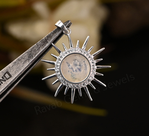 <b>Solid</b> 925 <b>Silver</b> Moonstone Gemstone Bezel Setting 10mm Round Sunburst Style Charm Pendant With Pave CZ For Unisex Find Jewelry - Product Image 3