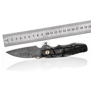 Cuchillo Plegable de Acero de Damasco Personalizado DIY al por Mayor, Cuchillo de Bolsillo con Mango de Micarta y Huella Dactilar, Cuchillo de Camping para Exteriores con Funda de Cuero - Product Image 3