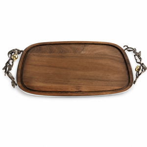 Plateau de service de luxe en bois d'acacia avec poignées en métal en forme de feuille de chêne, design moderne, écologique, plateau de table haut de gamme pour les fêtes - Product Image 6
