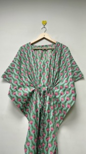 Caftán para Mujer, Cuello en V, Cierre con Cordón, Estampado Floral de Algodón, Corte Holgado, Secado Rápido, Transpirable, Ecológico, Vestido de Playa - Product Image 1