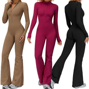 Mono deportivo cálido de manga larga para mujer, enterizo elástico de yoga de una pieza con pantalones acampanados, conjuntos informales - Product Image 1