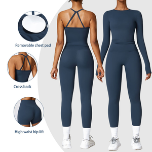 Conjunto de Yoga de 2 Piezas para Mujer, Transpirable y de Secado Rápido, con Top Halter de Manga Larga y Leggings Antibacterianos, Venta al Por Mayor, Marca Privada - Product Image 2