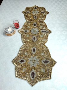 Glam Embroidered <b>Table</b> <b>Runner</b> with Floral Design Handmade Fabric Irregular Shape Decorative Mat for Dining <b>Table</b> - Product Image 5