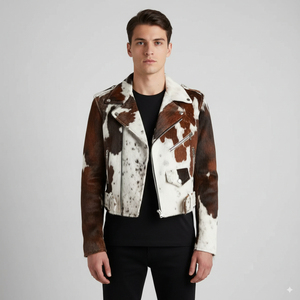 Chaqueta de Motociclista de Cuero Genuino para Hombre, con Parches de Piel de Vaca, Cuello Camisero, Cierre de Cremallera, Corte Ajustado, Forro de Piel Sintética para Invierno - Product Image 1